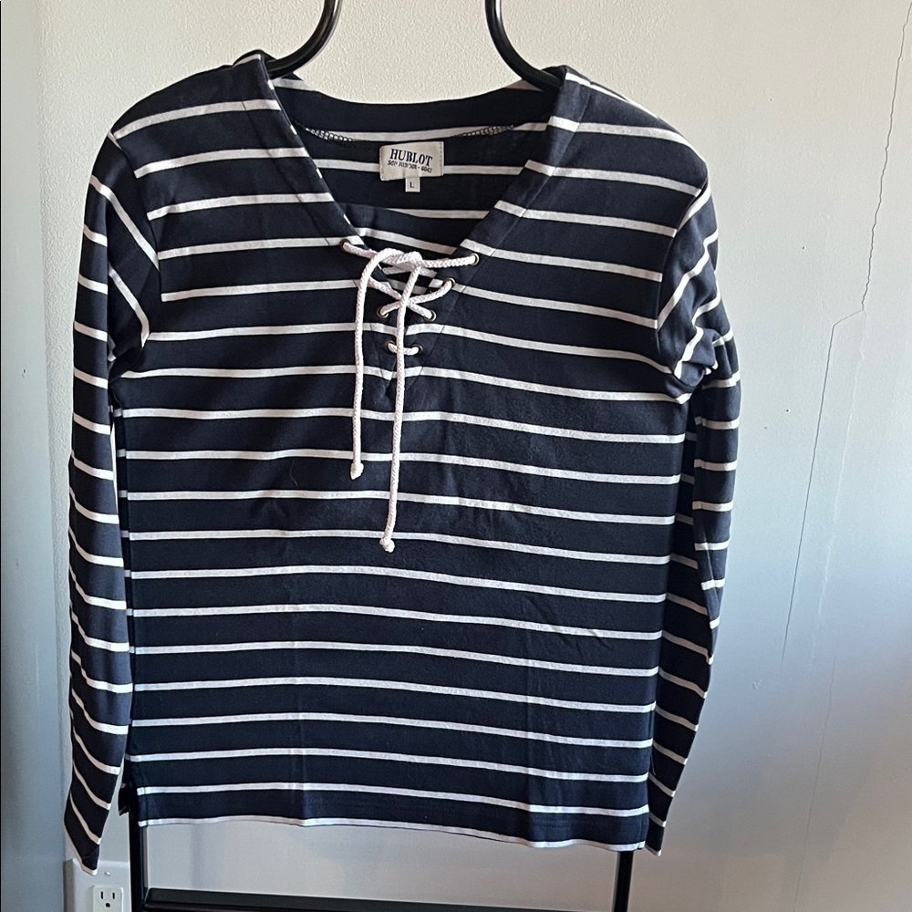 Hublot Navy and White Striped Top with Lace-Up Neck